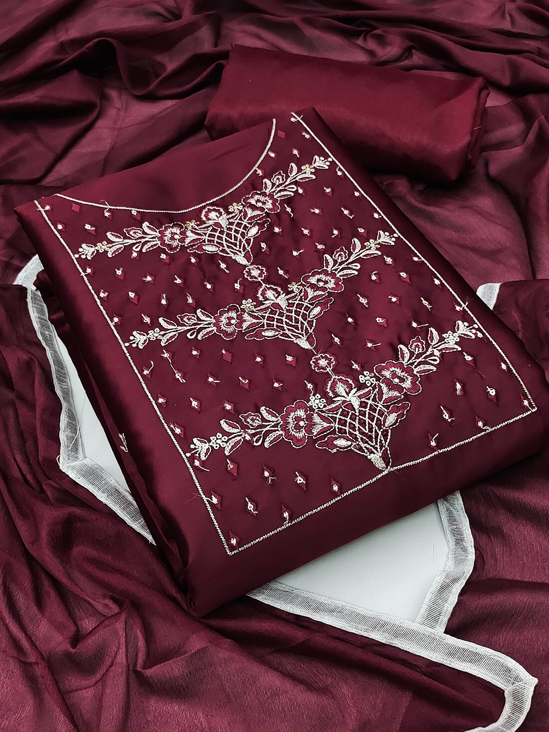 

KALINI Floral Embroidered Unstitched Dress Material, Maroon