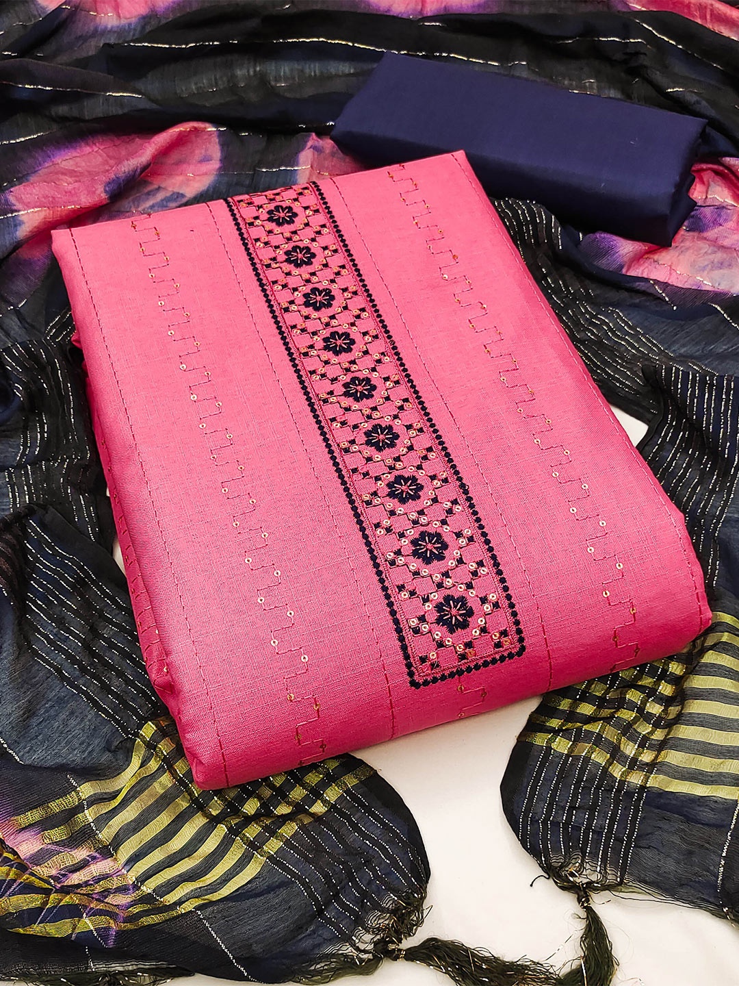 

KALINI Embroidered Unstitched Dress Material, Pink