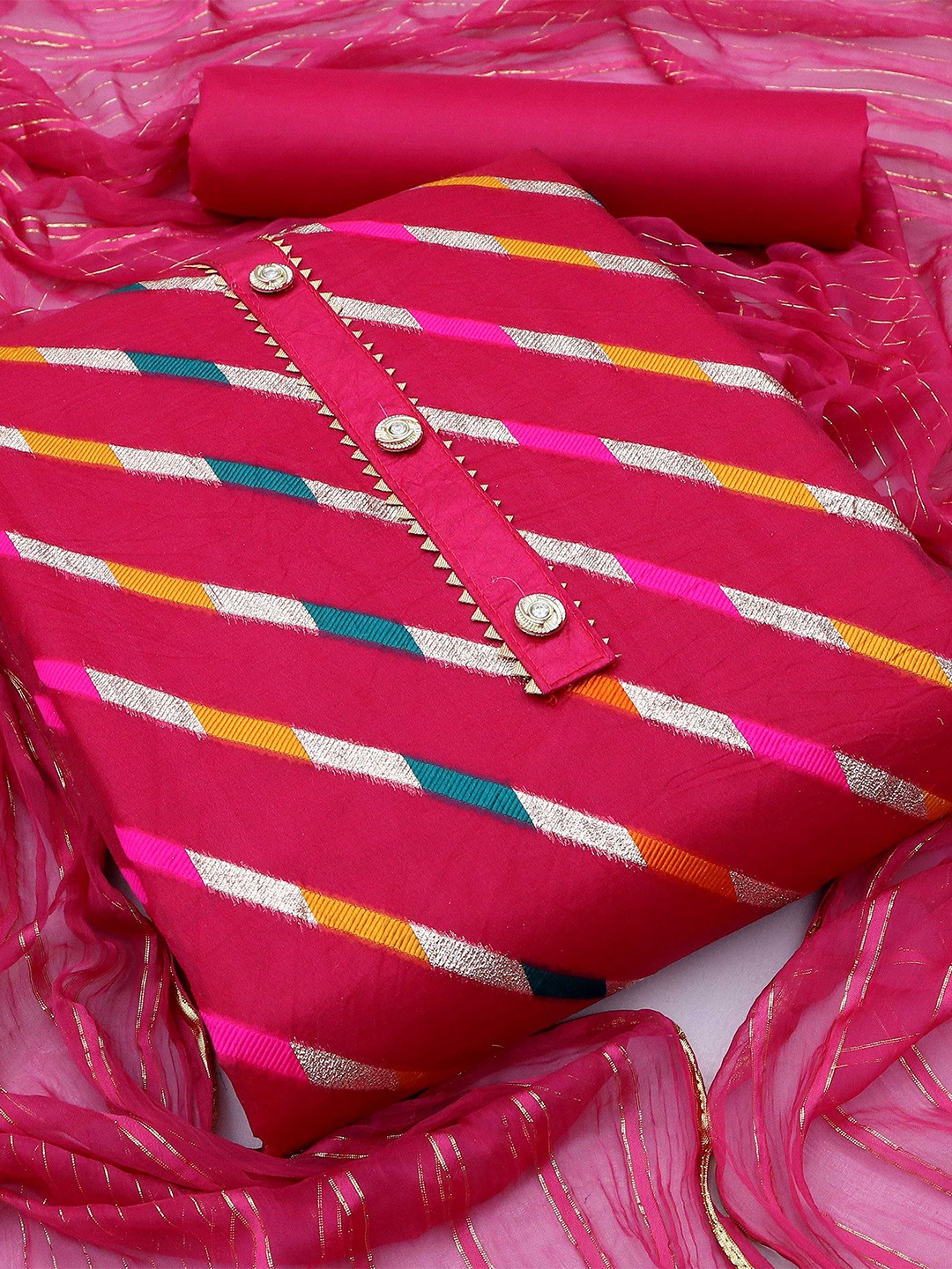 

KALINI Woven Design Striped Unstitched Dress Material, Pink