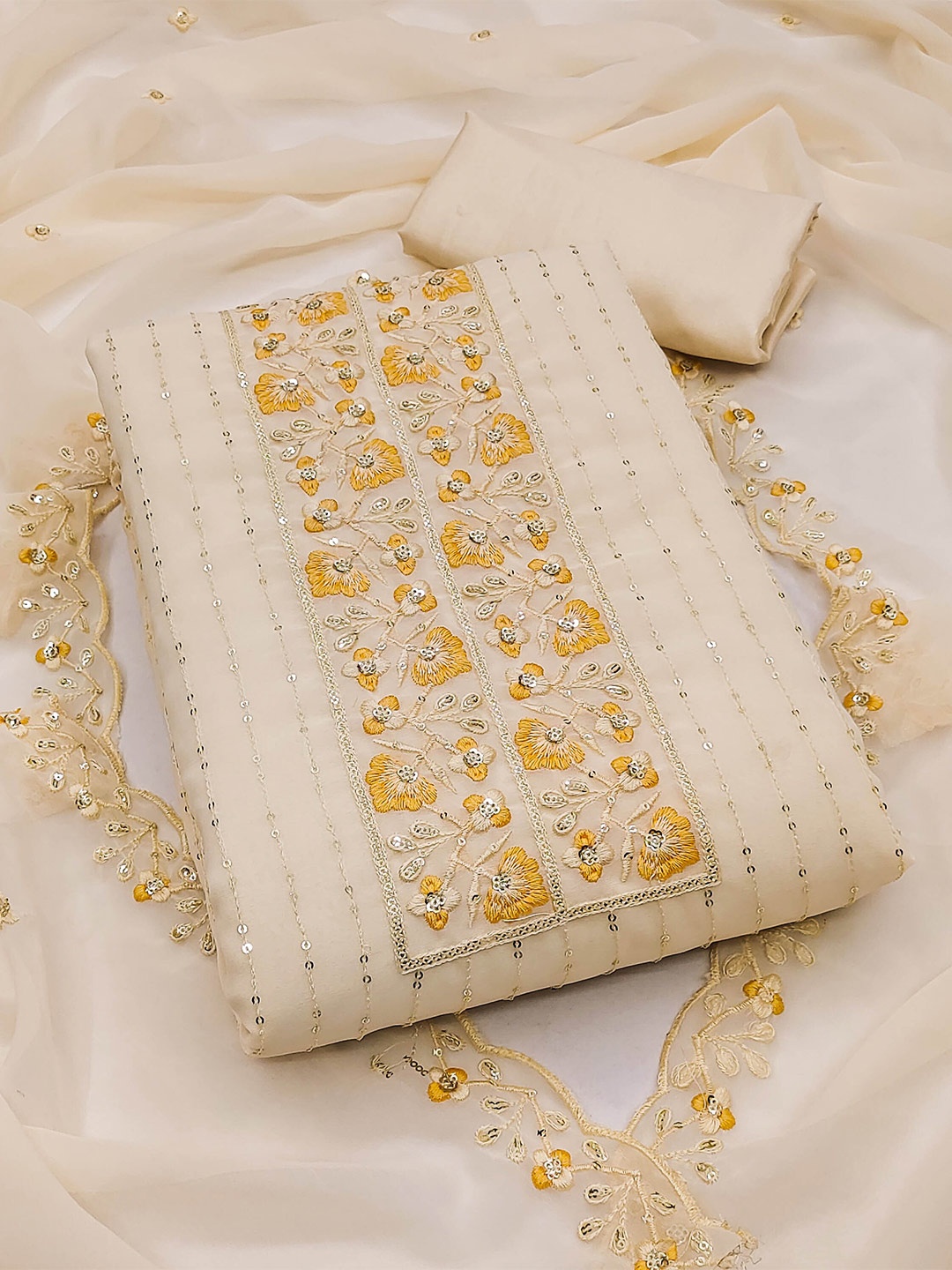 

KALINI Floral Embroidered Silk Georgette Unstitched Dress Material, White