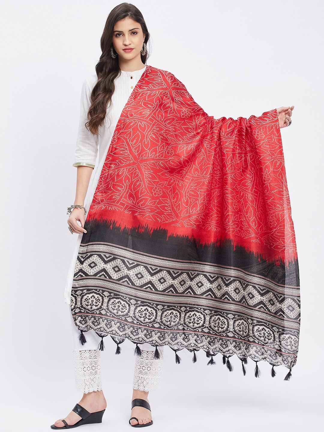

Clora Creation Printed Ikat Tasselled Dupatta with Zari, Red