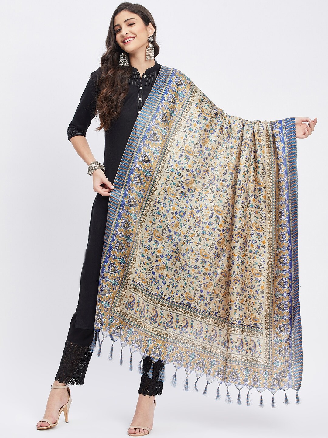 

Clora Creation Printed Ikat Tasselled Dupatta with Zari, Cream