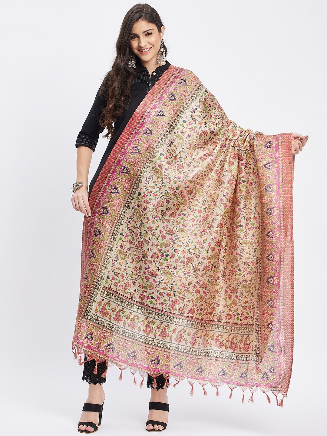 

Clora Creation Printed Ikat Tasselled Dupatta with Zari, Beige