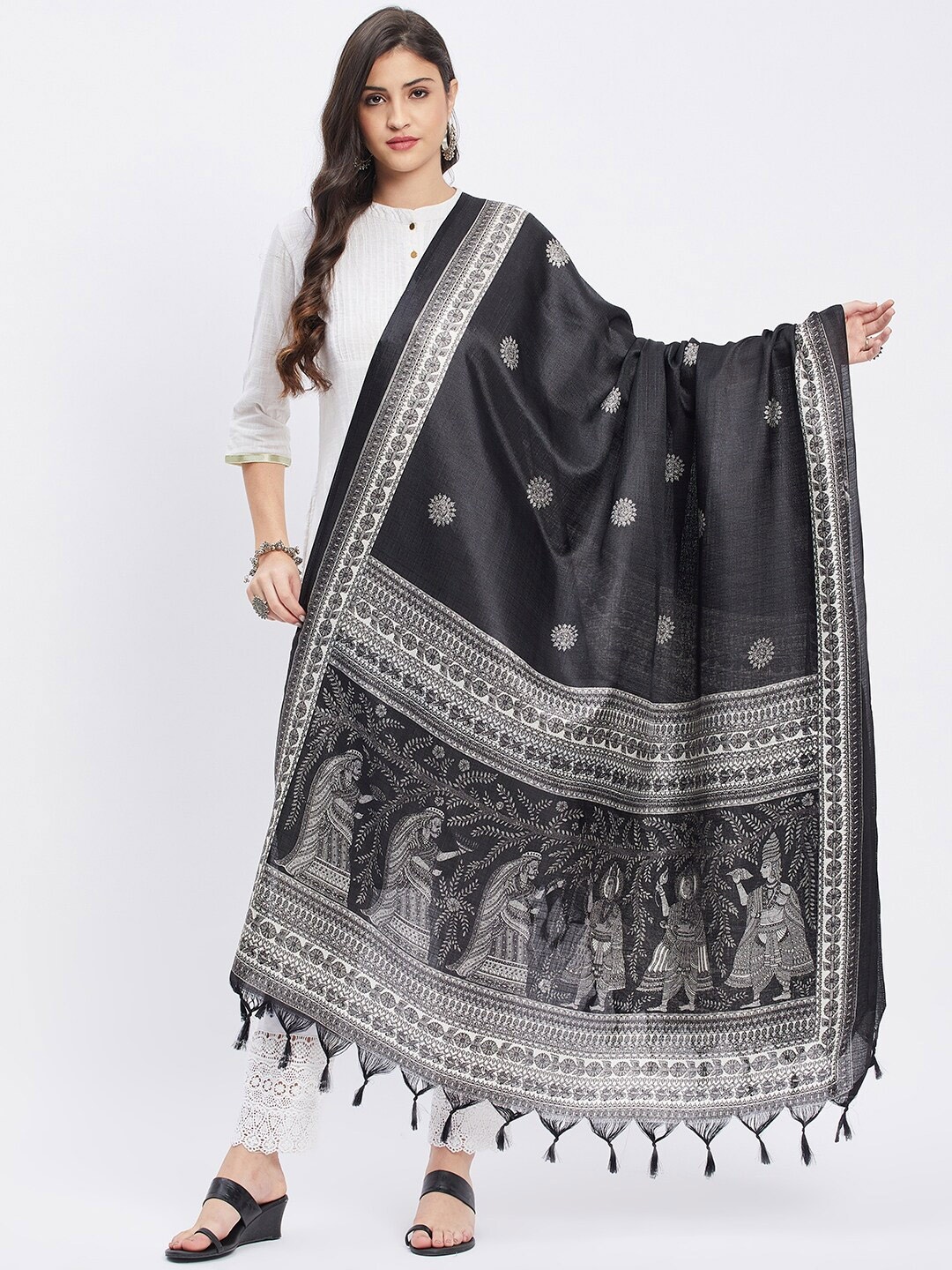 

Clora Creation Printed Ikat Tasselled Dupatta with Zari, Black