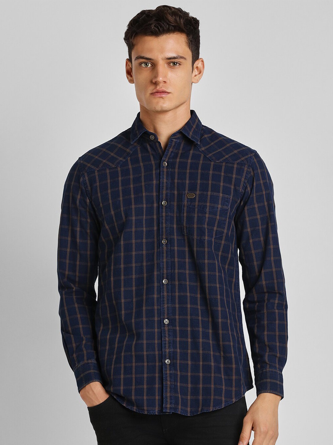 

Peter England Casuals Grid Tattersall Checked Pure Cotton Casual Shirt, Navy blue