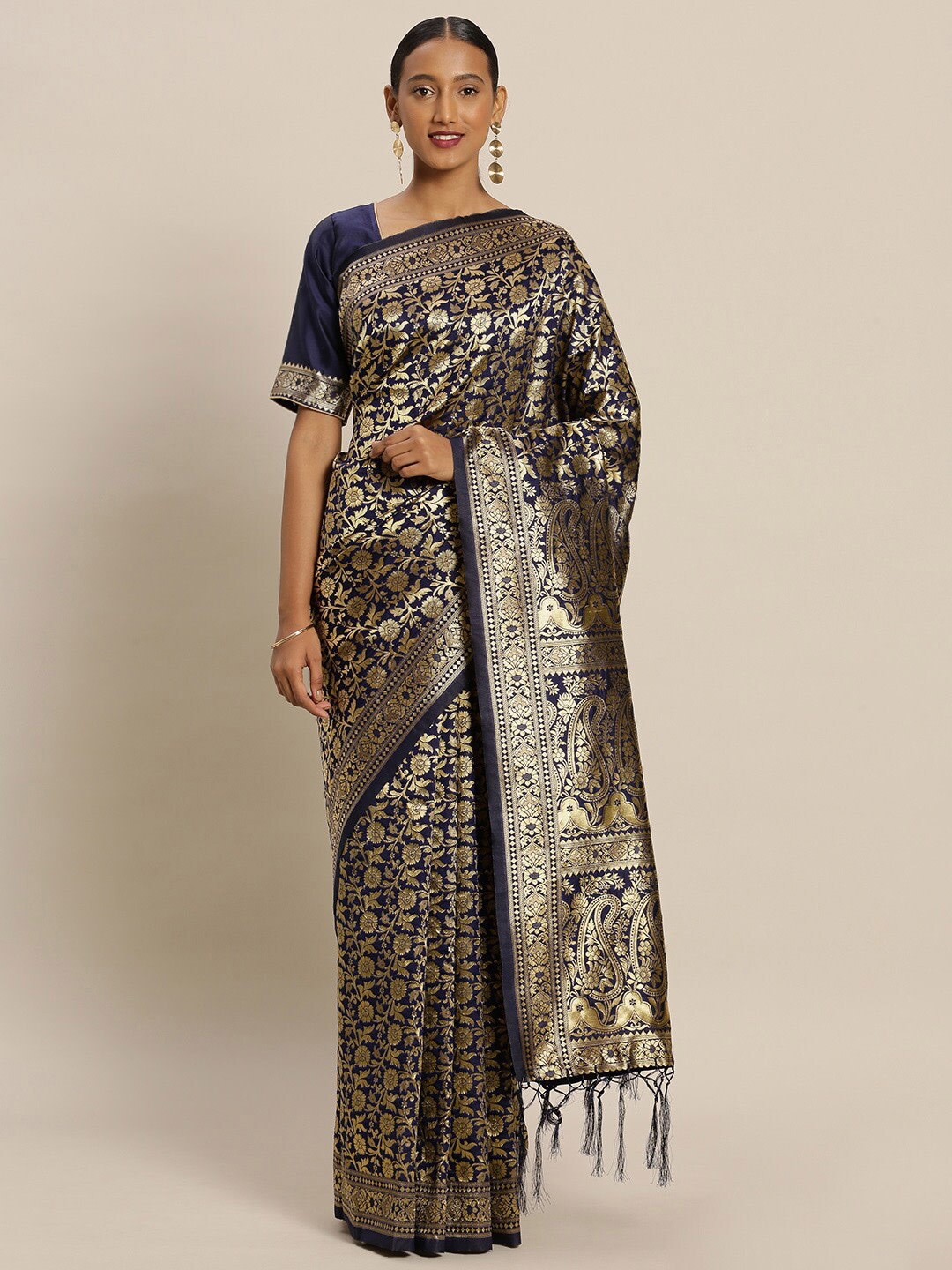 

KALINI Ethnic Motifs Woven Design Zari Banarasi Saree, Navy blue
