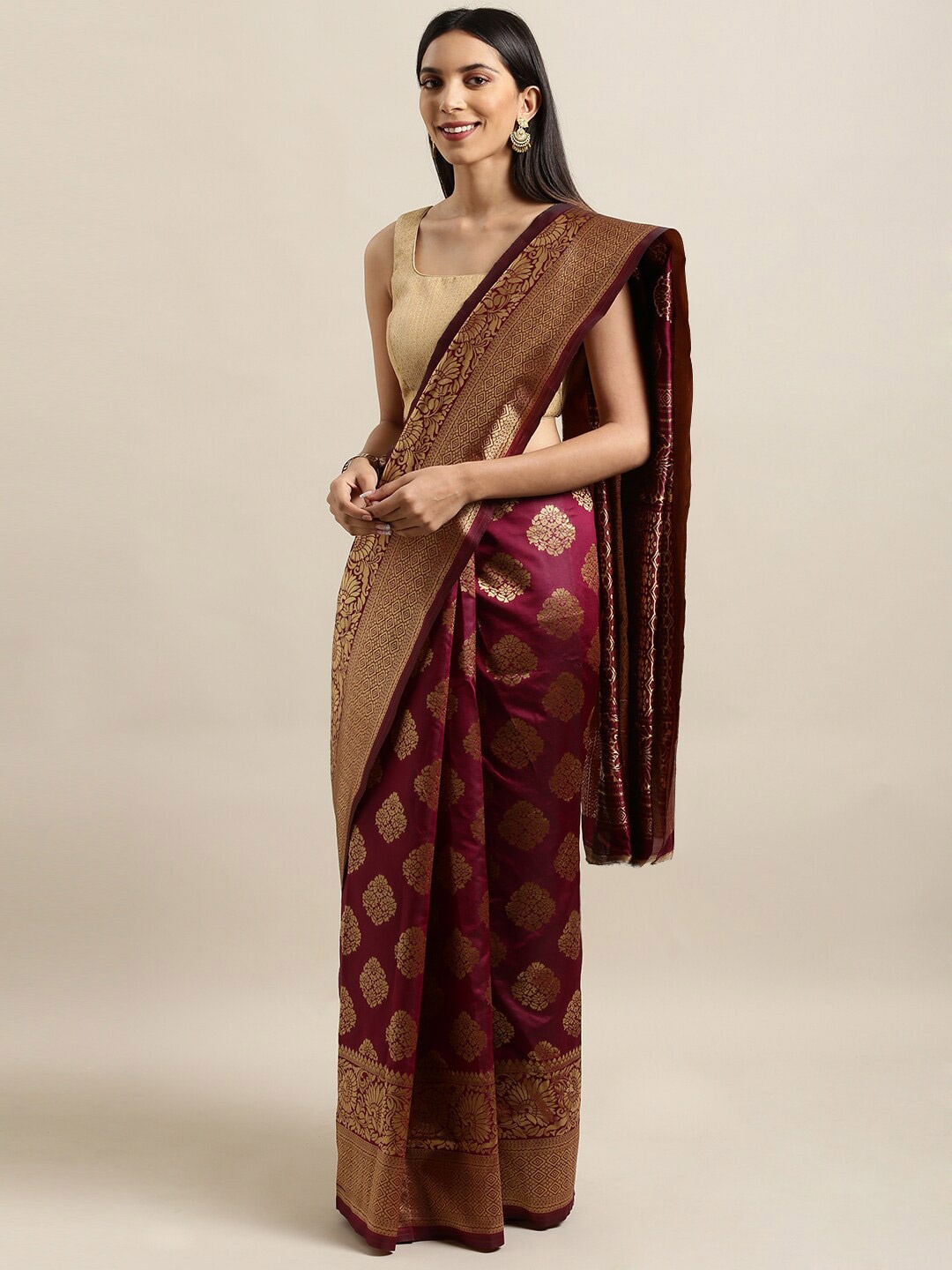 

KALINI Ethnic Motifs Woven Design Zari Banarasi Saree, Burgundy