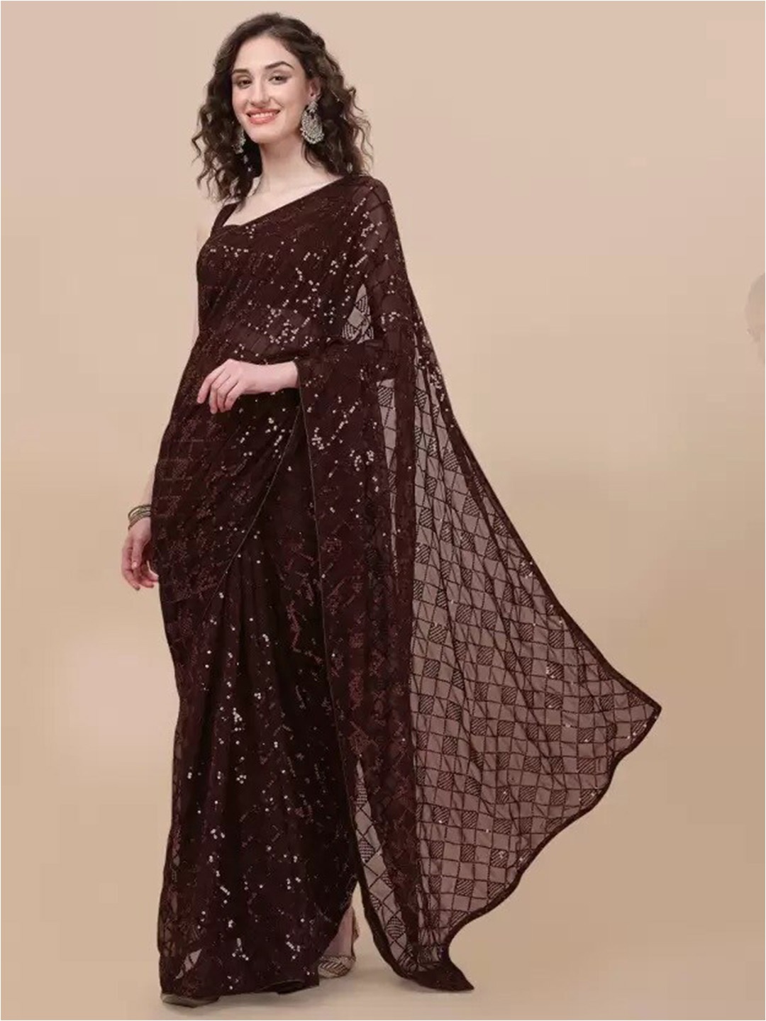 

CLOMITA Embellished Sequinned Saree, Coffee brown