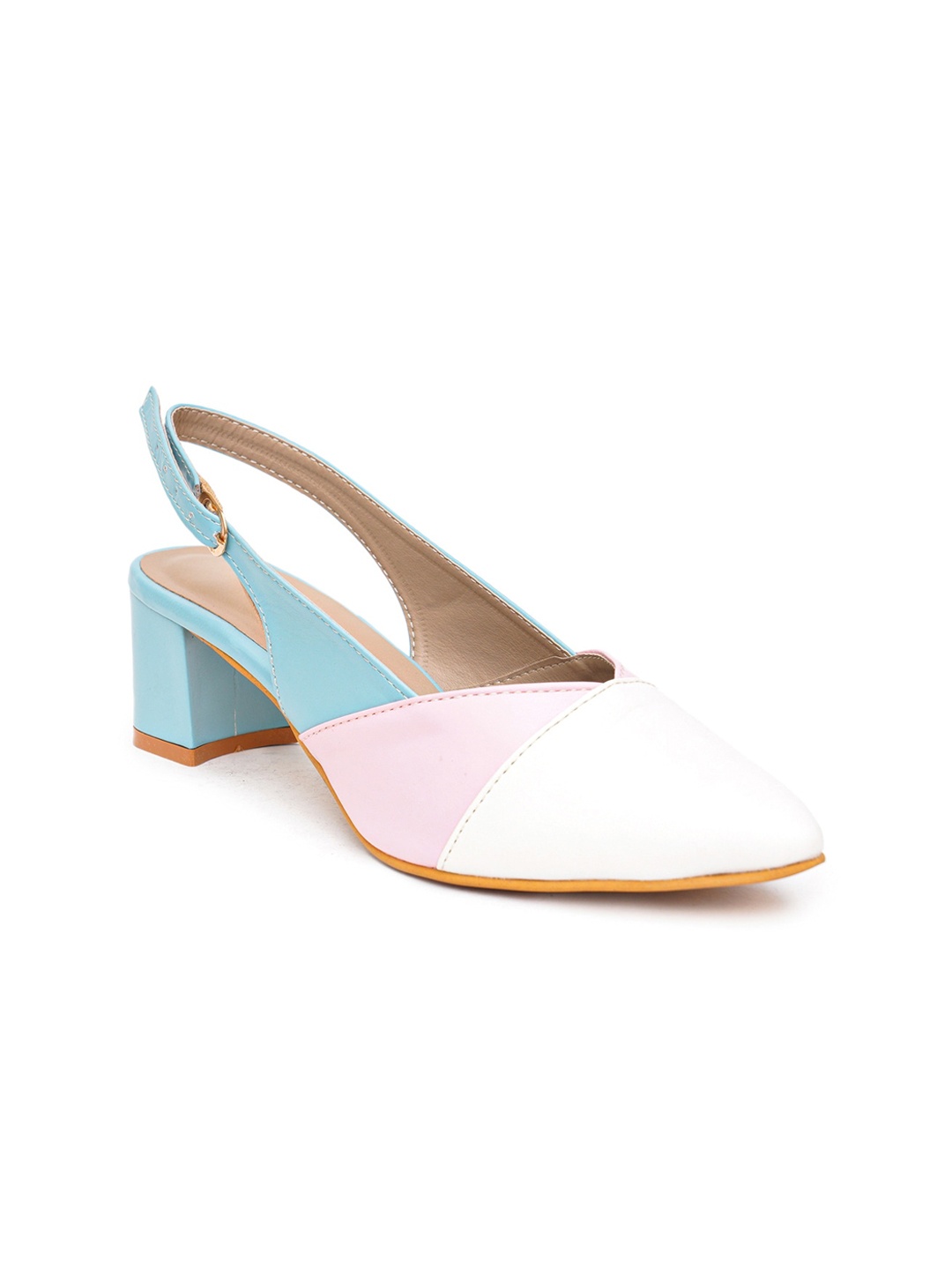 

HASTEN Colourblocked Pointed Toe Block Mules With Buckles, Blue