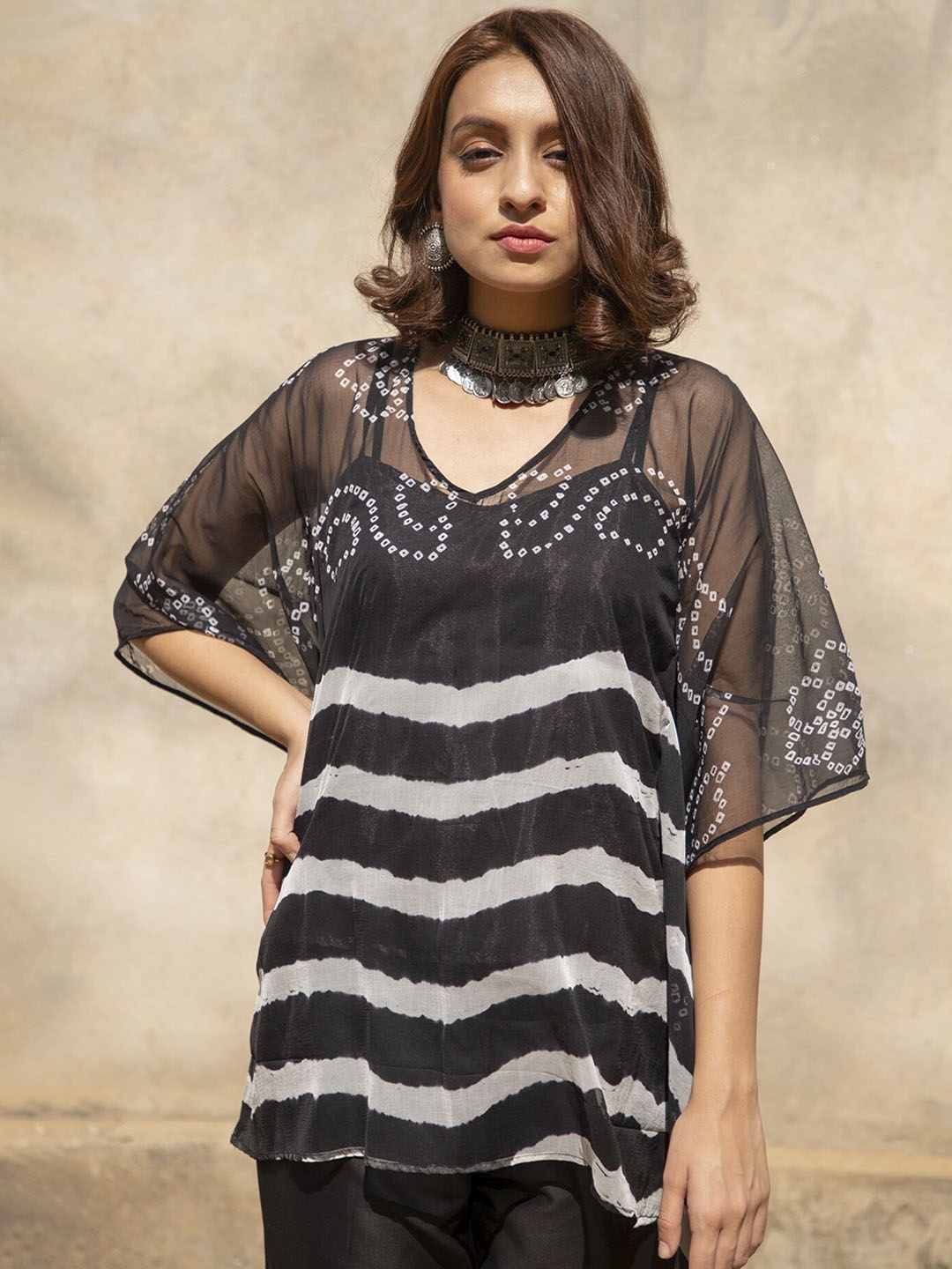 

Zanaash Striped Semi-Sheer Kaftan Kurti With Trousers, Black
