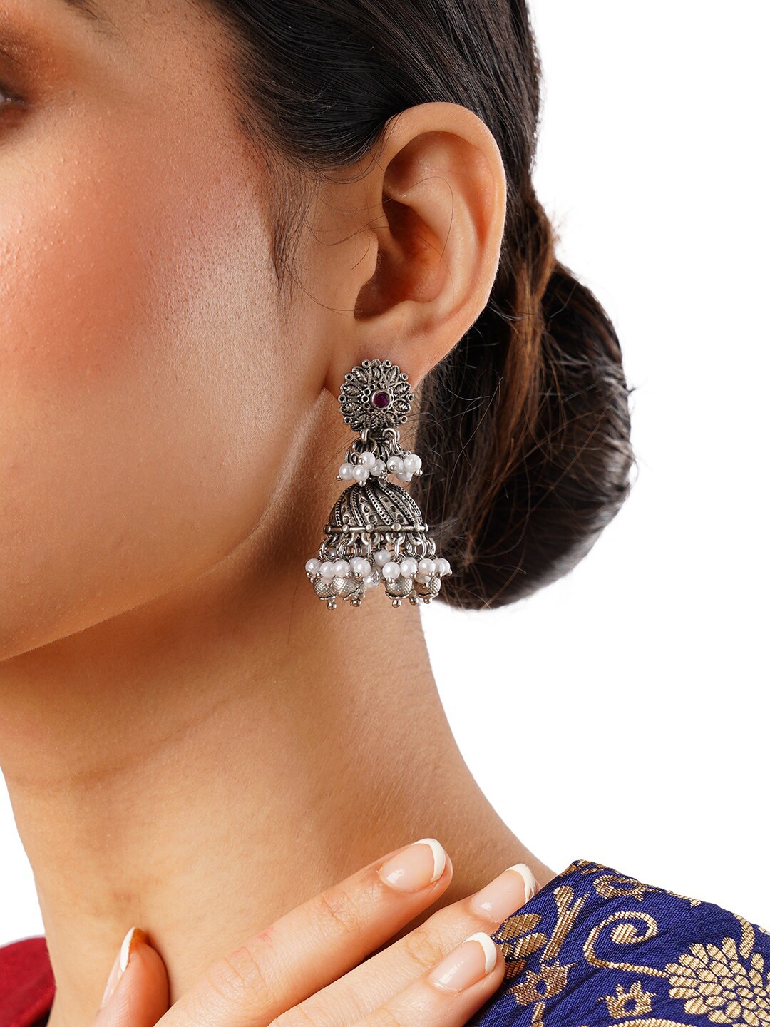 

Anouk White Silver-Plated Stone And Beads Studded Dome Shaped Jhumkas