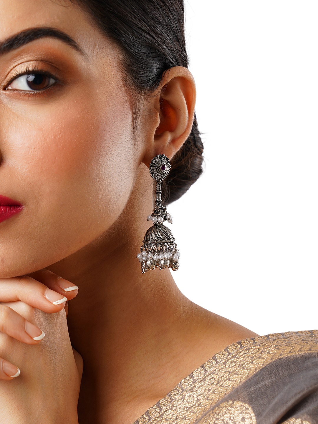 

Anouk White Silver-Plated Dome Shaped Jhumkas Earrings