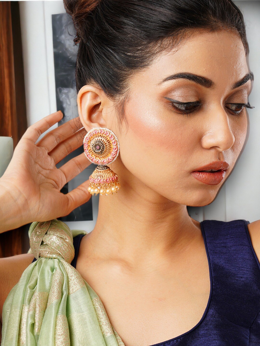 

Anouk Peach Silver-Plated Stone-Studded Beaded Dome Shaped Jhumkas