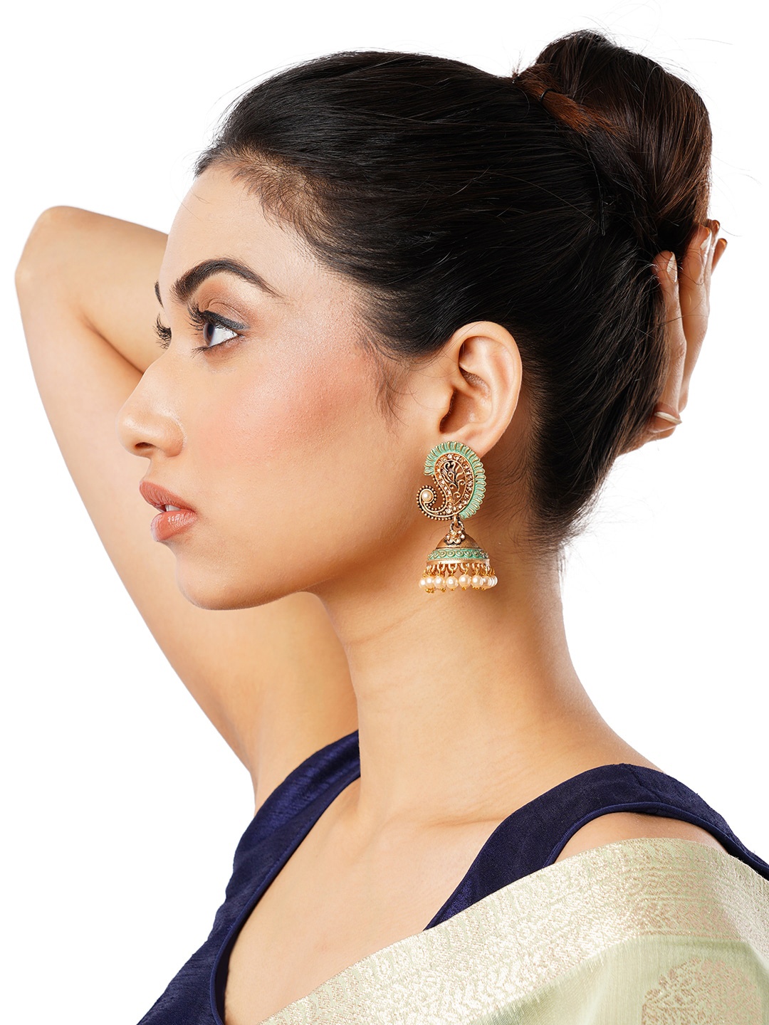 

Anouk Gold-Plated & Green Artificial Beads Dome Shaped Jhumkas Earrings