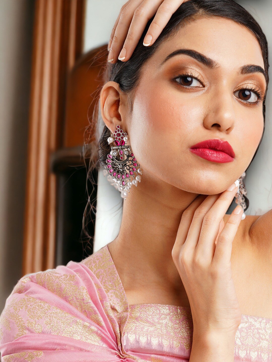 

Anouk Silver-Plated Pink Leaf Shaped Drop Earrings
