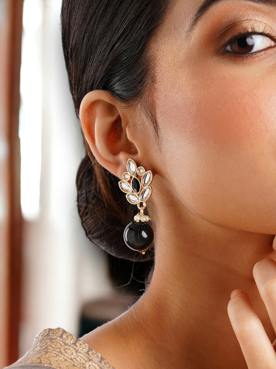 

Anouk Gold-Plated & Black Artificial Stones & Beads Contemporary Drop Earrings