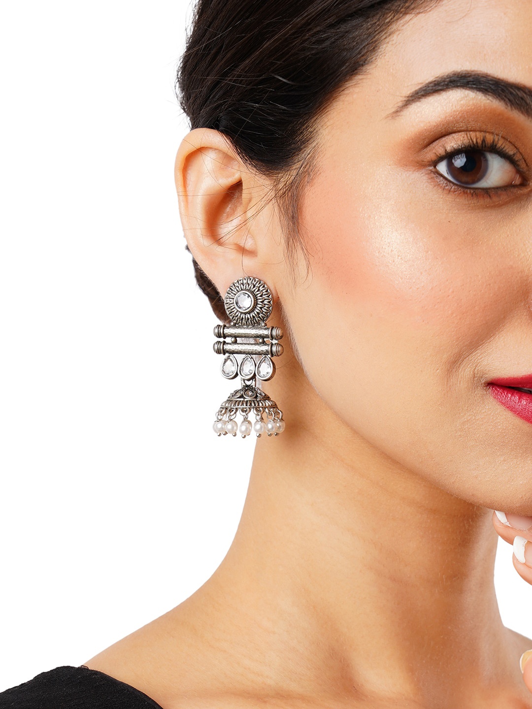 

Anouk White Silver-Plated Stones And Beads Studded Jhumkas
