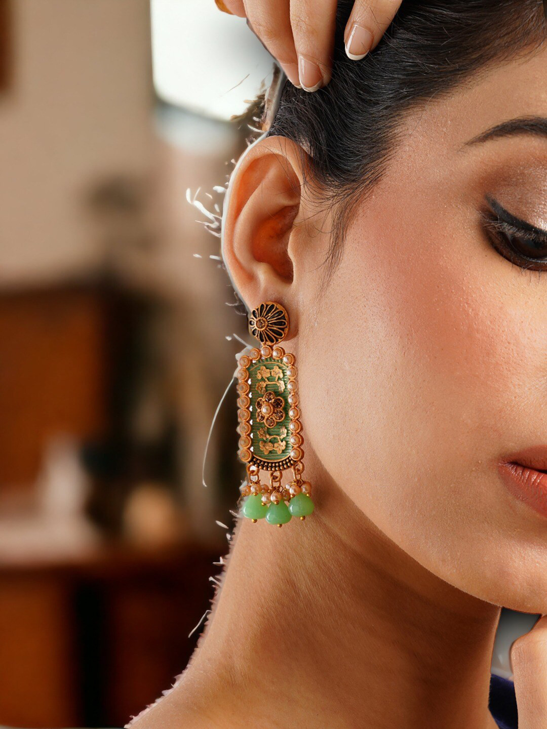 

Anouk Gold-Plated Stone-Studded & Beaded Drop Earrings