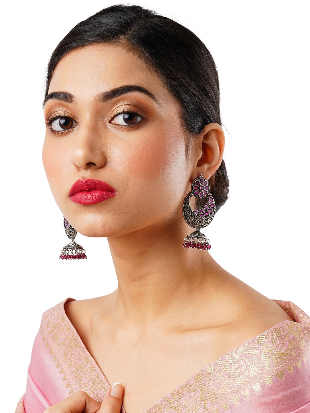 

Anouk Gold-Plated Pink Dome Shaped Jhumkas Earrings, Silver