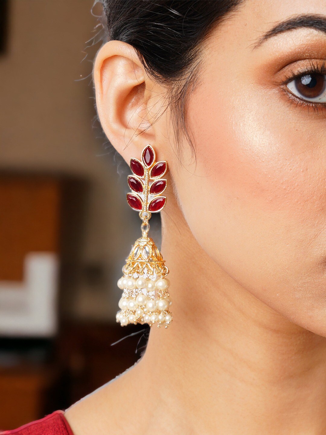 

Anouk Gold-Plated & Red Artificial Stones & beads Teardrop Shaped Jhumkas