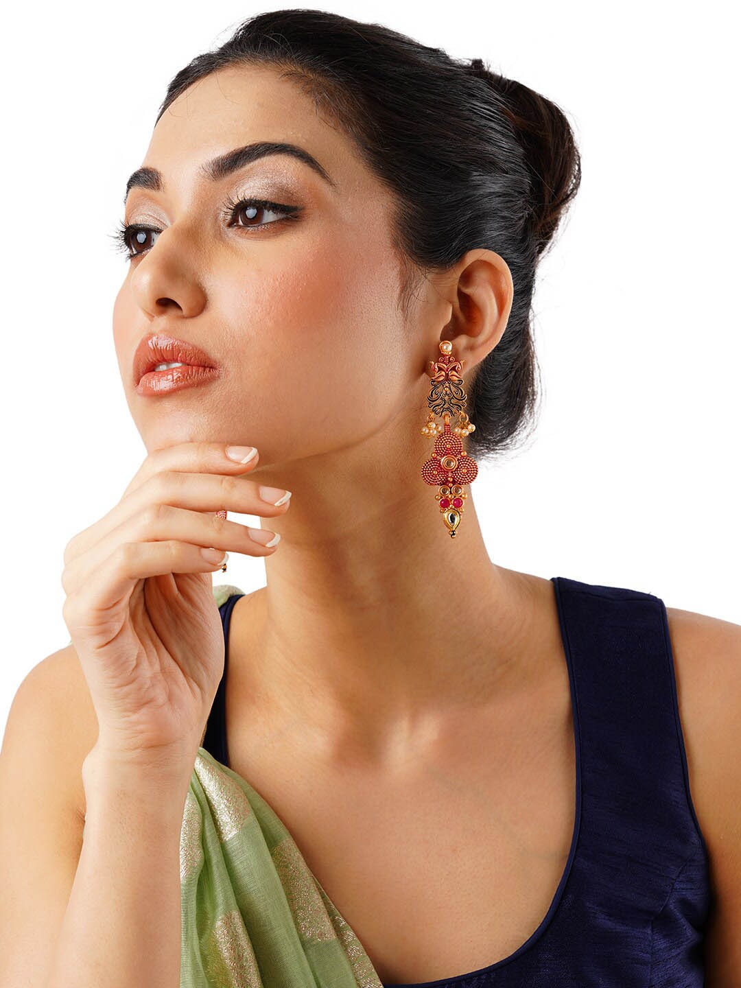

Anouk Gold-Plated Stone Studded & Beaded Classic Drop Earrings