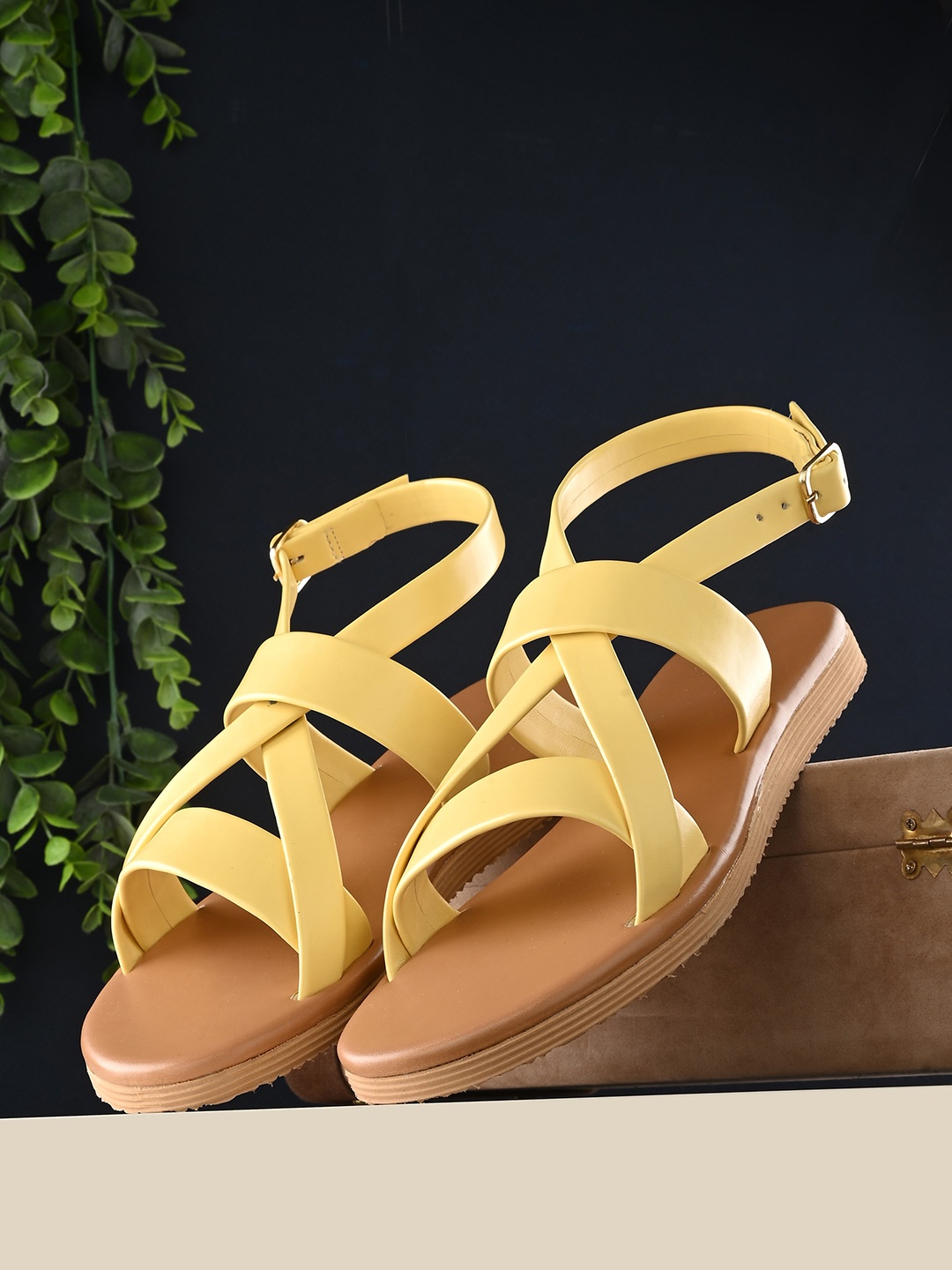

Zebba Women Strappy Open Toe Flats With Buckle Closure, Yellow