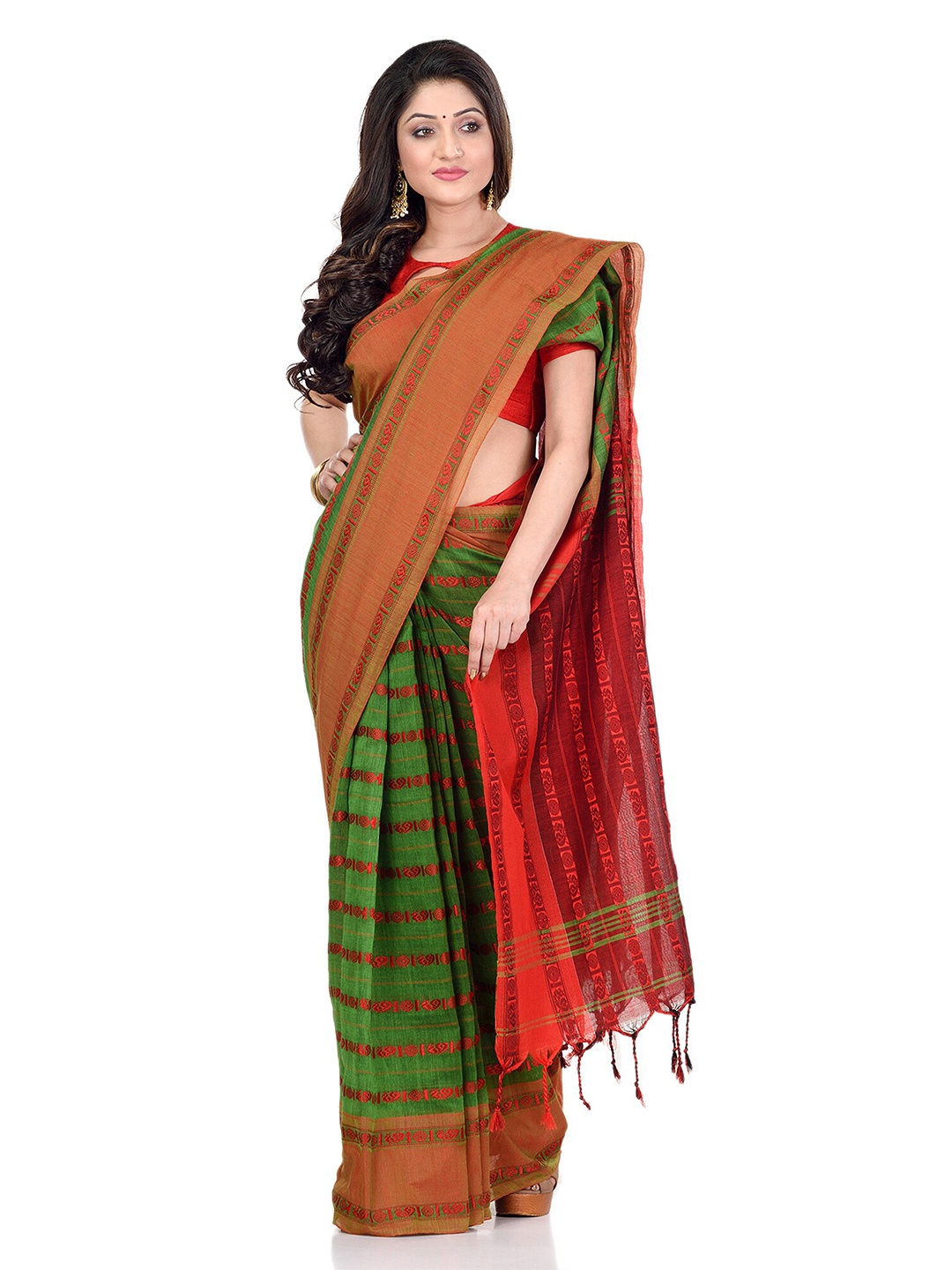 

DESH BIDESH Woven Design Pure Cotton Traditional Taant Saree, Red