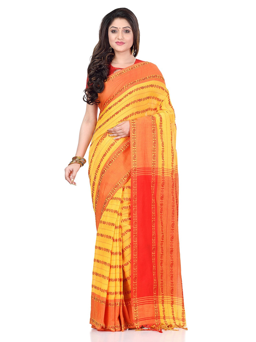 

DESH BIDESH Woven Design Pure Cotton Traditional Taant Saree, Red