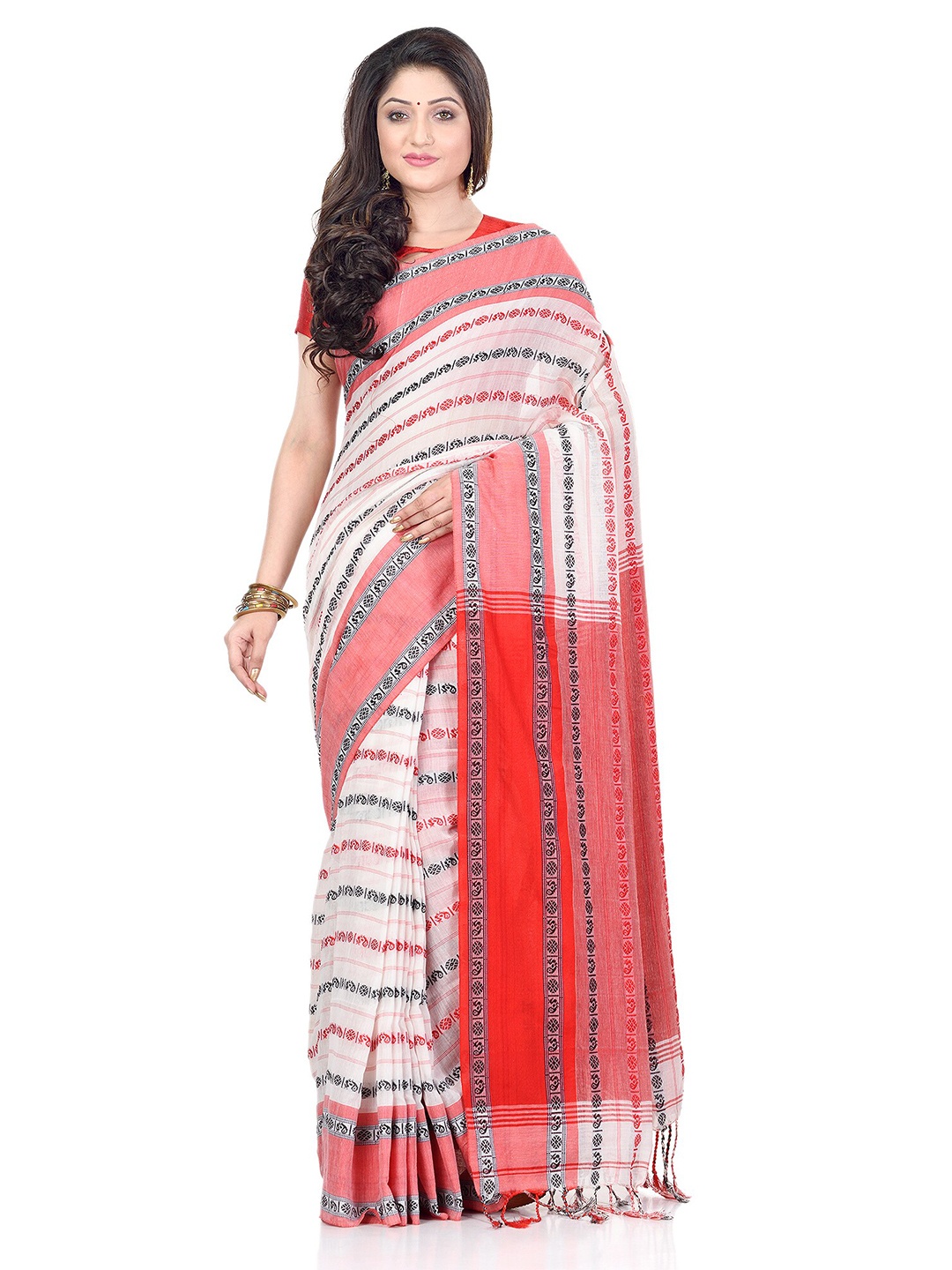 

DESH BIDESH Woven Design Pure Cotton Traditional Taant Saree, White