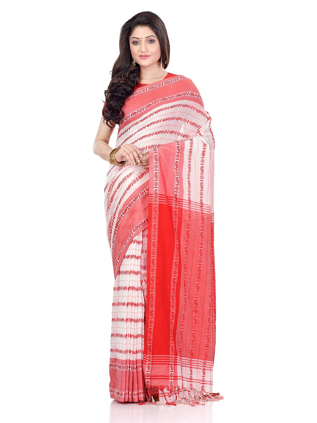 

DESH BIDESH Woven Design Pure Cotton Traditional Taant Saree, White