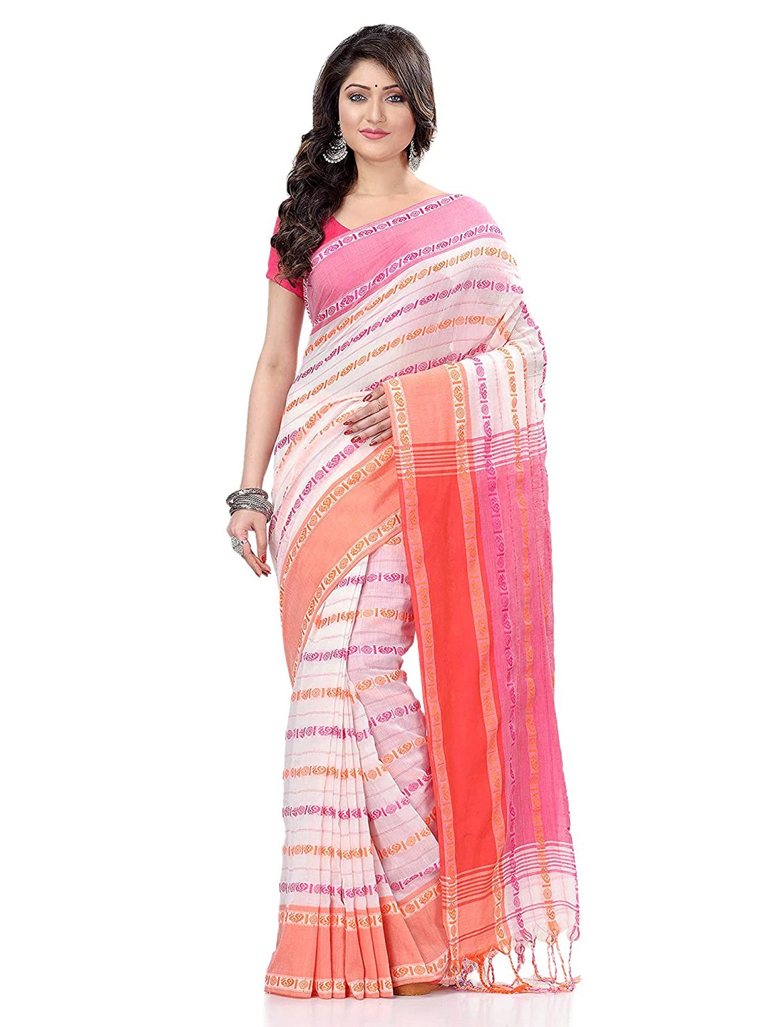 

DESH BIDESH Woven Design Pure Cotton Traditional Taant Saree, White