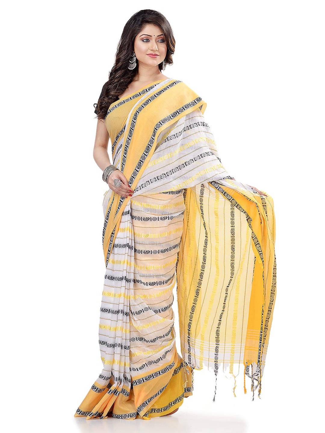

DESH BIDESH Woven Design Pure Cotton Traditional Taant Saree, White