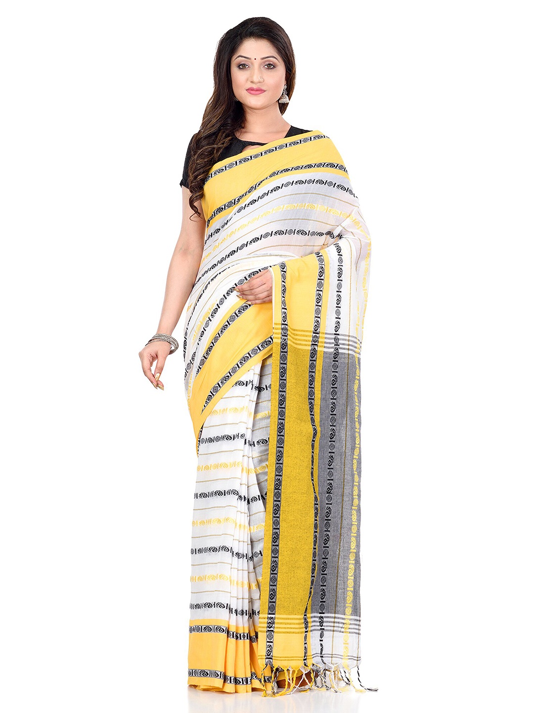 

DESH BIDESH Woven Design Pure Cotton Traditional Taant Saree, White