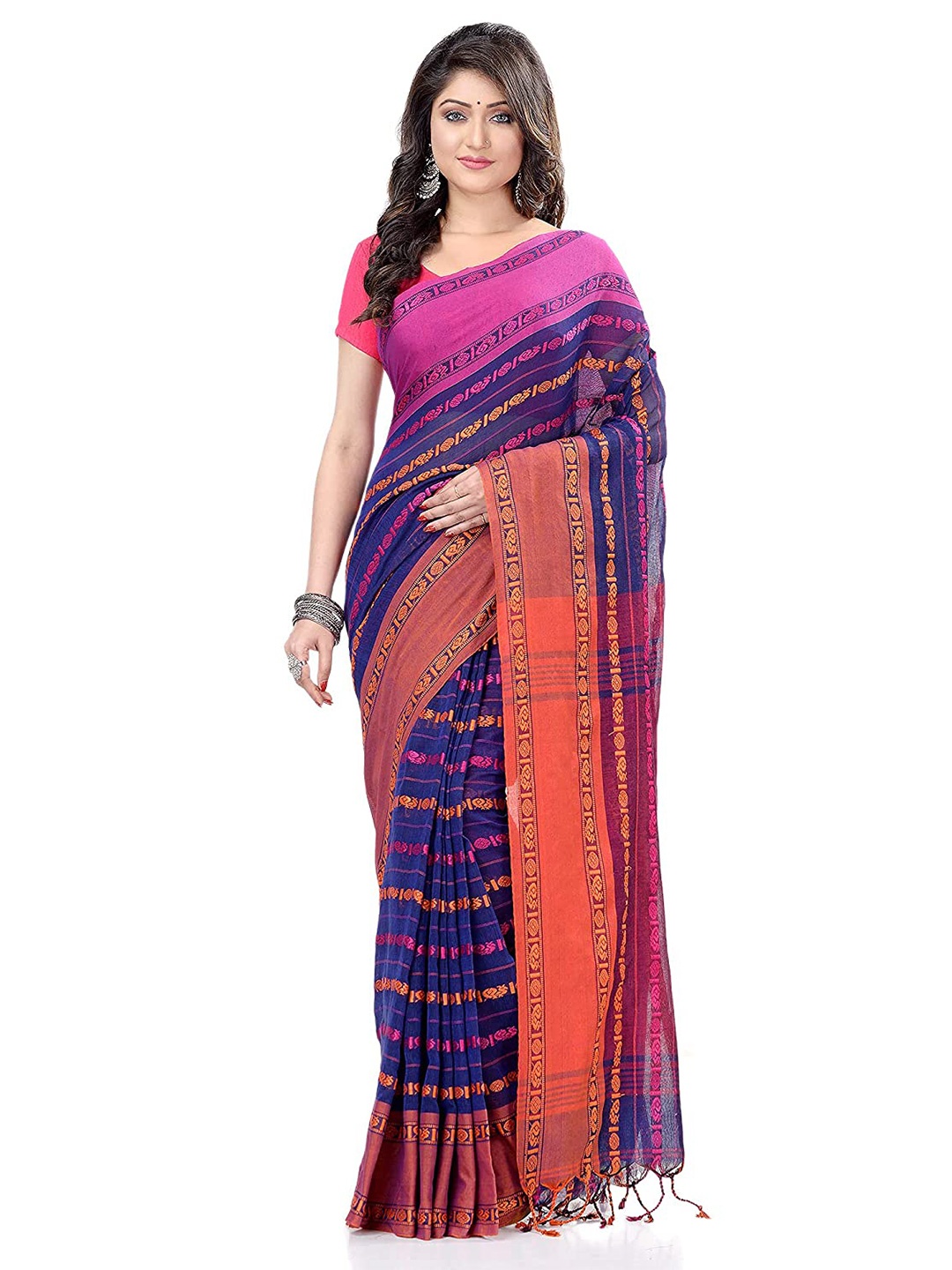 

DESH BIDESH Woven Design Pure Cotton Traditional Taant Saree, Blue