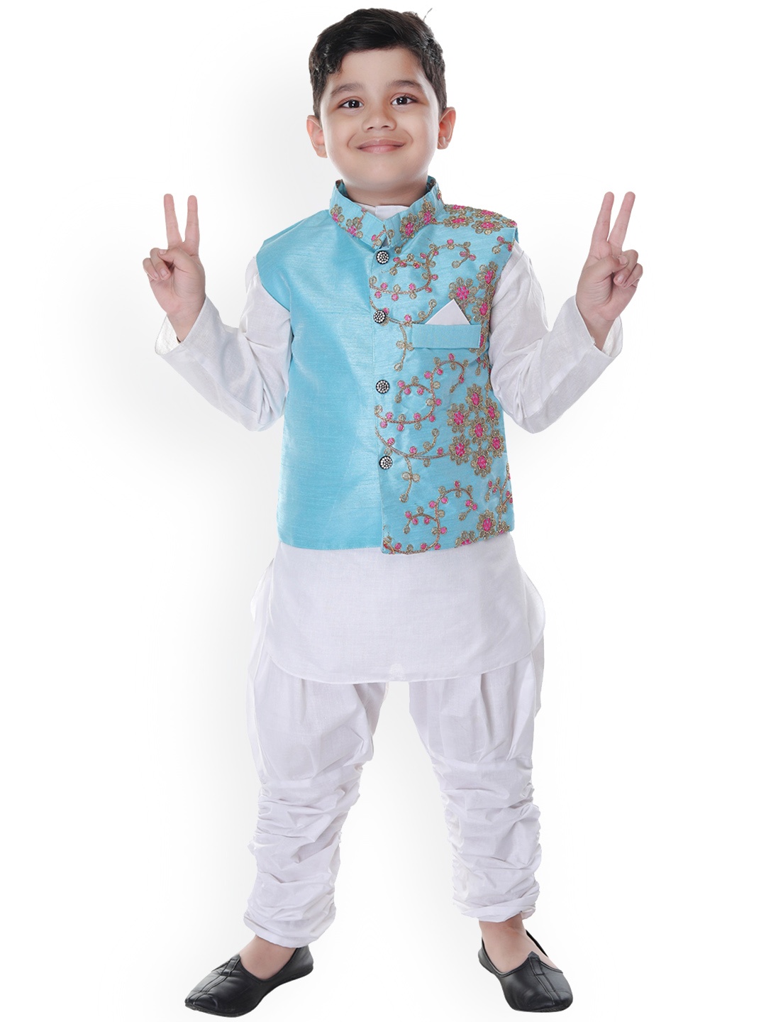 

BAESD Boys Band Collar Kurta with Dhoti Pants & Nehru Jacket, Turquoise blue
