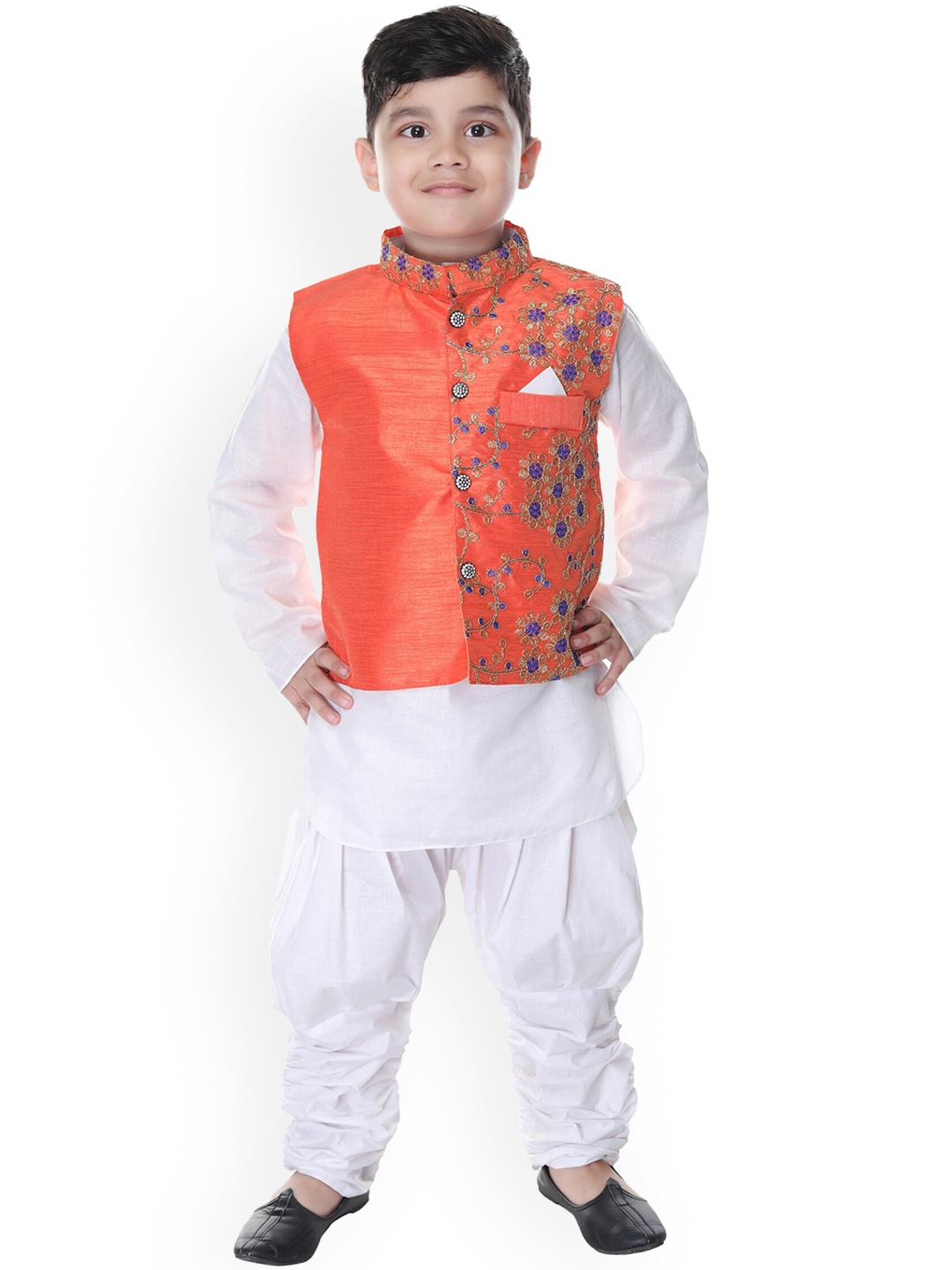 

BAESD Boys Kurta With Dhoti Pants And Floral Embroidered Waistcoat, Orange