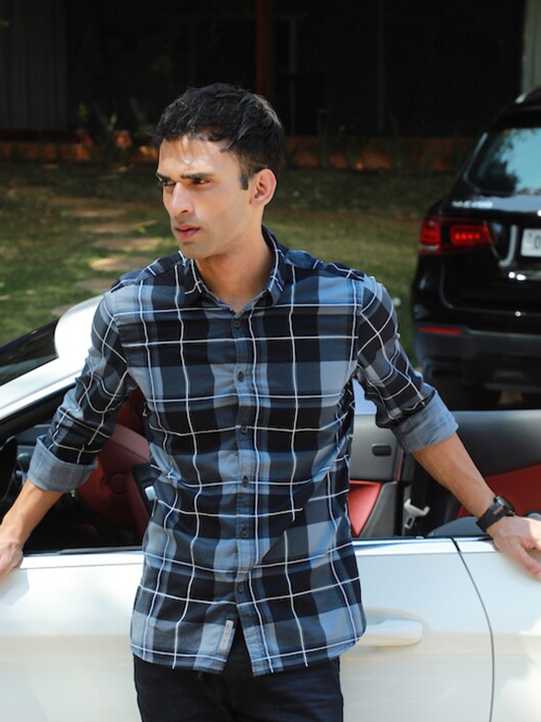 

POE Smart Slim Fit Opaque Checked Pure Cotton Casual Shirt, Blue
