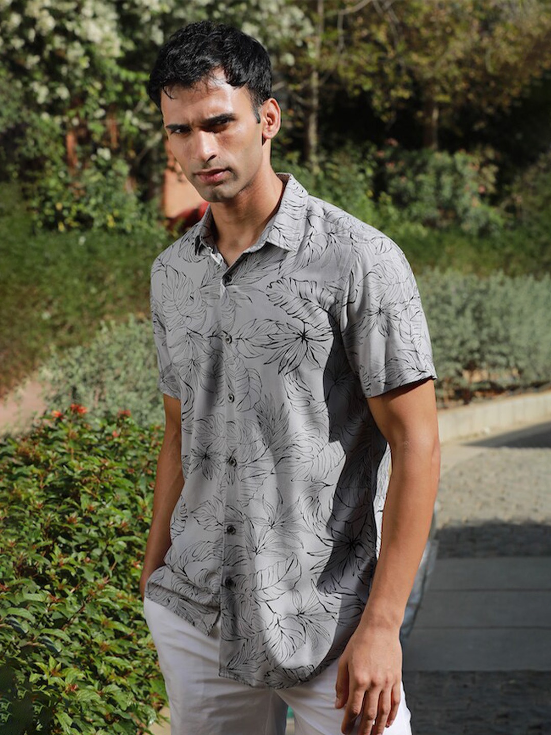 

POE Smart Slim Fit Leaf Printed Casual Shirt, Grey
