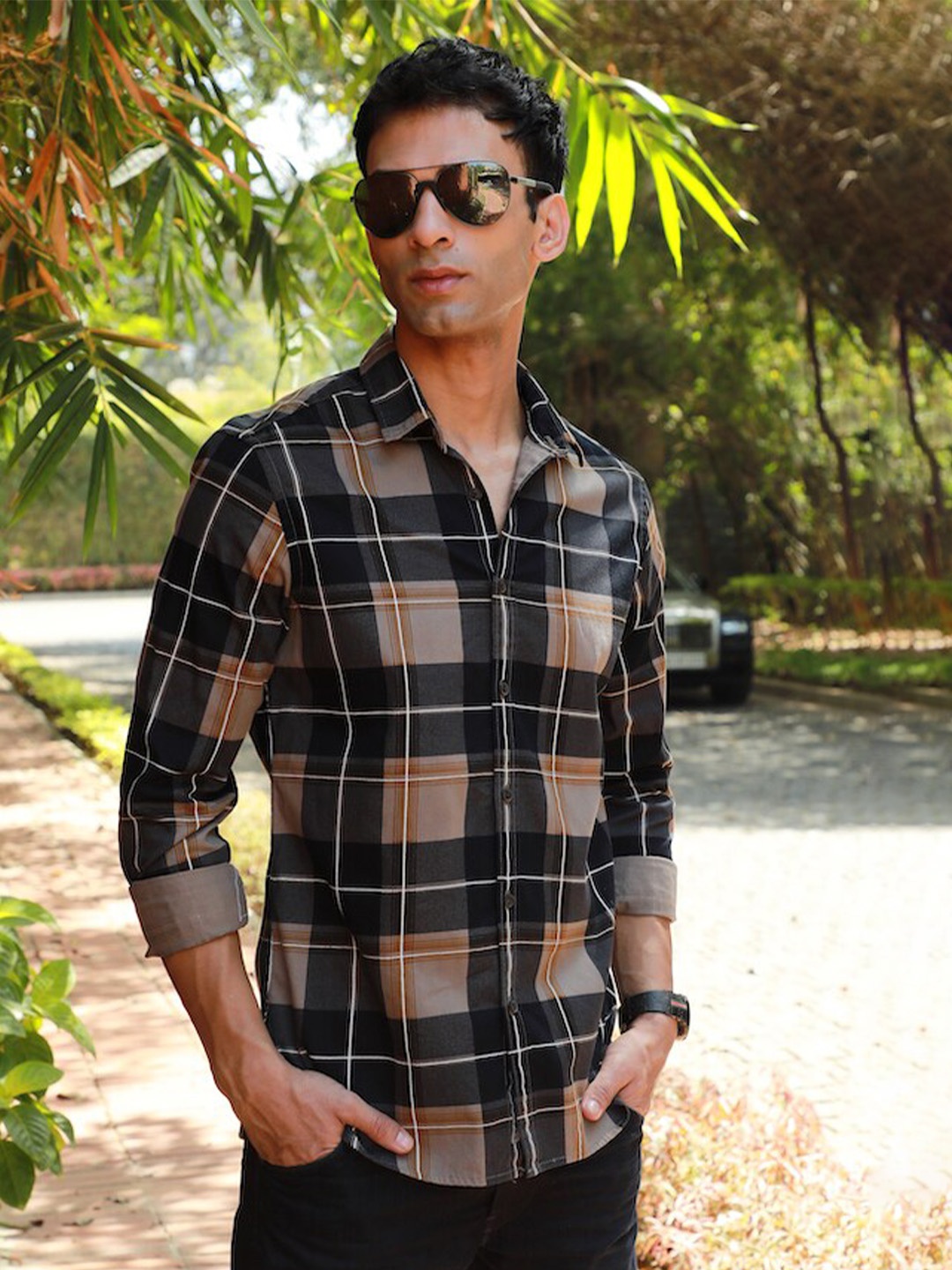 

POE Smart Slim Fit Tartan Checked Pure Cotton Casual Shirt, Khaki