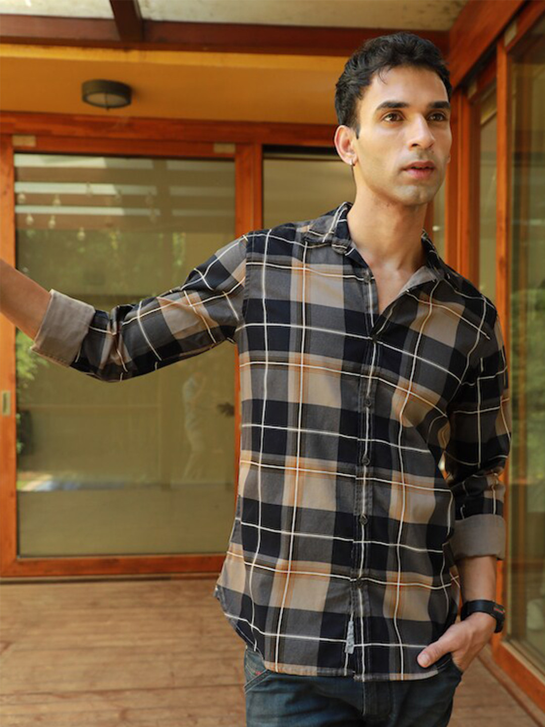 

POE Smart Slim Fit Tartan Checked Pure Cotton Casual Shirt, Beige