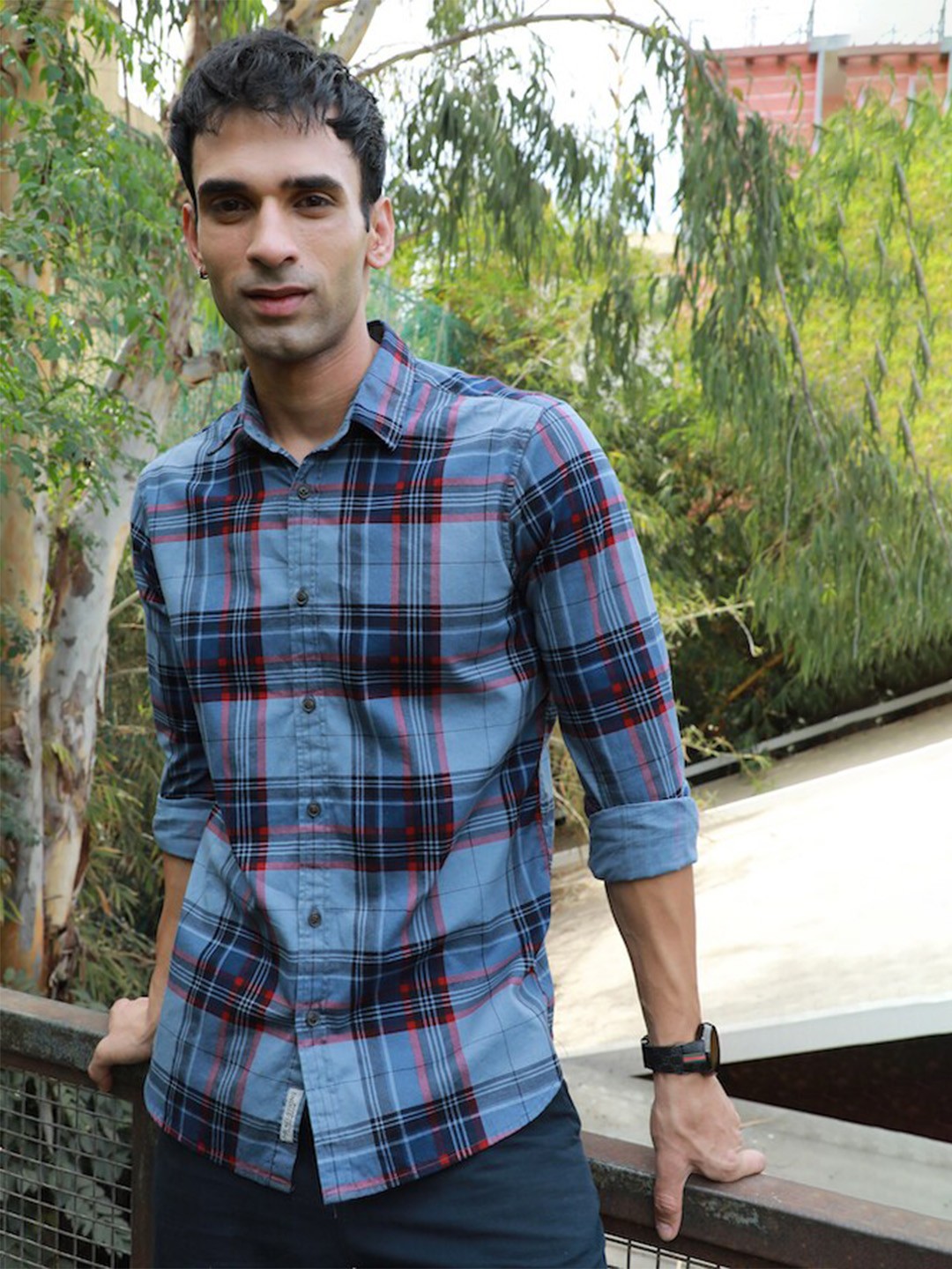 

POE Smart Slim Fit Tartan Checked Pure Cotton Casual Shirt, Blue