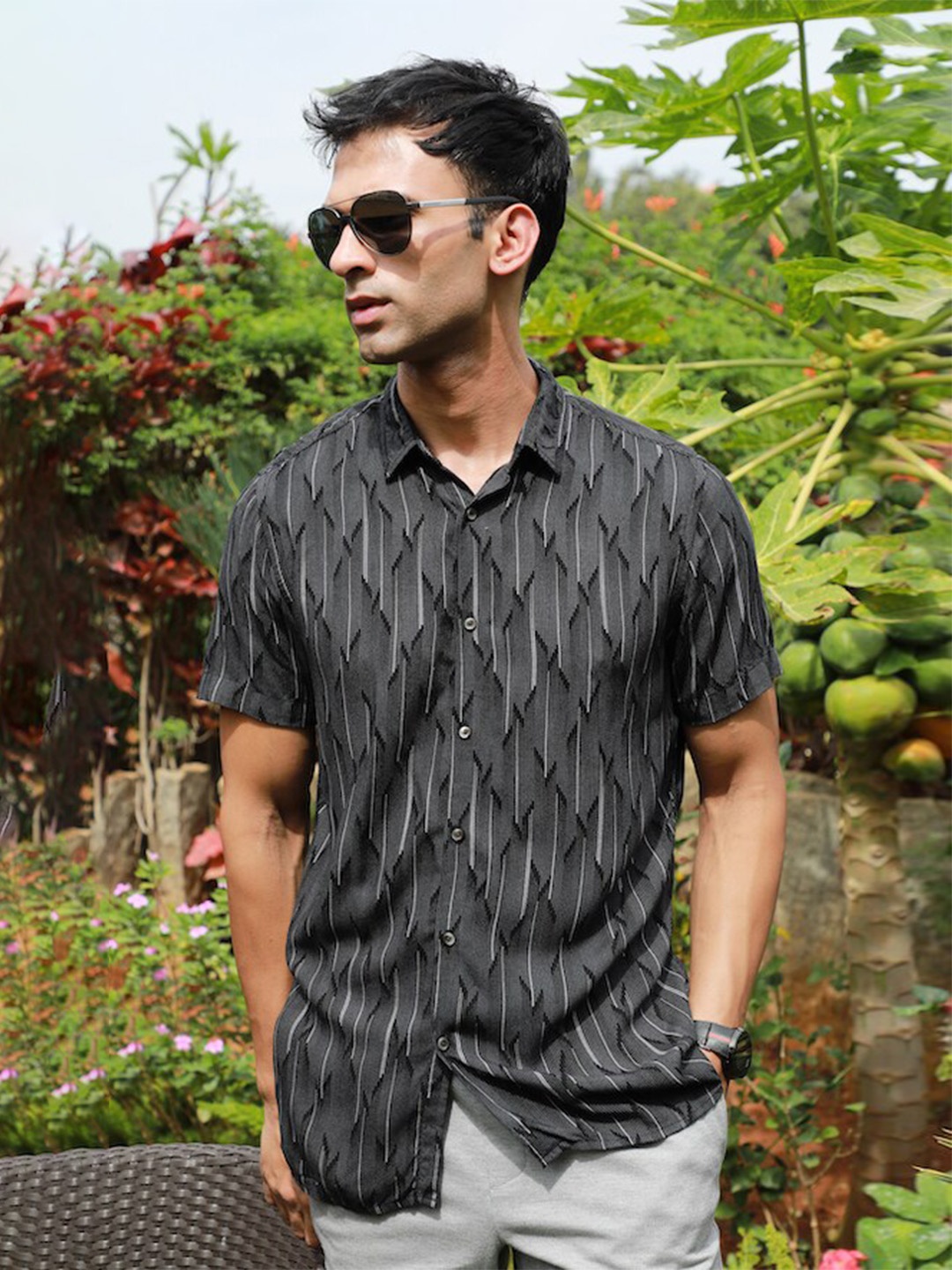 

POE Smart Slim Fit Opaque Printed Casual Shirt, Black