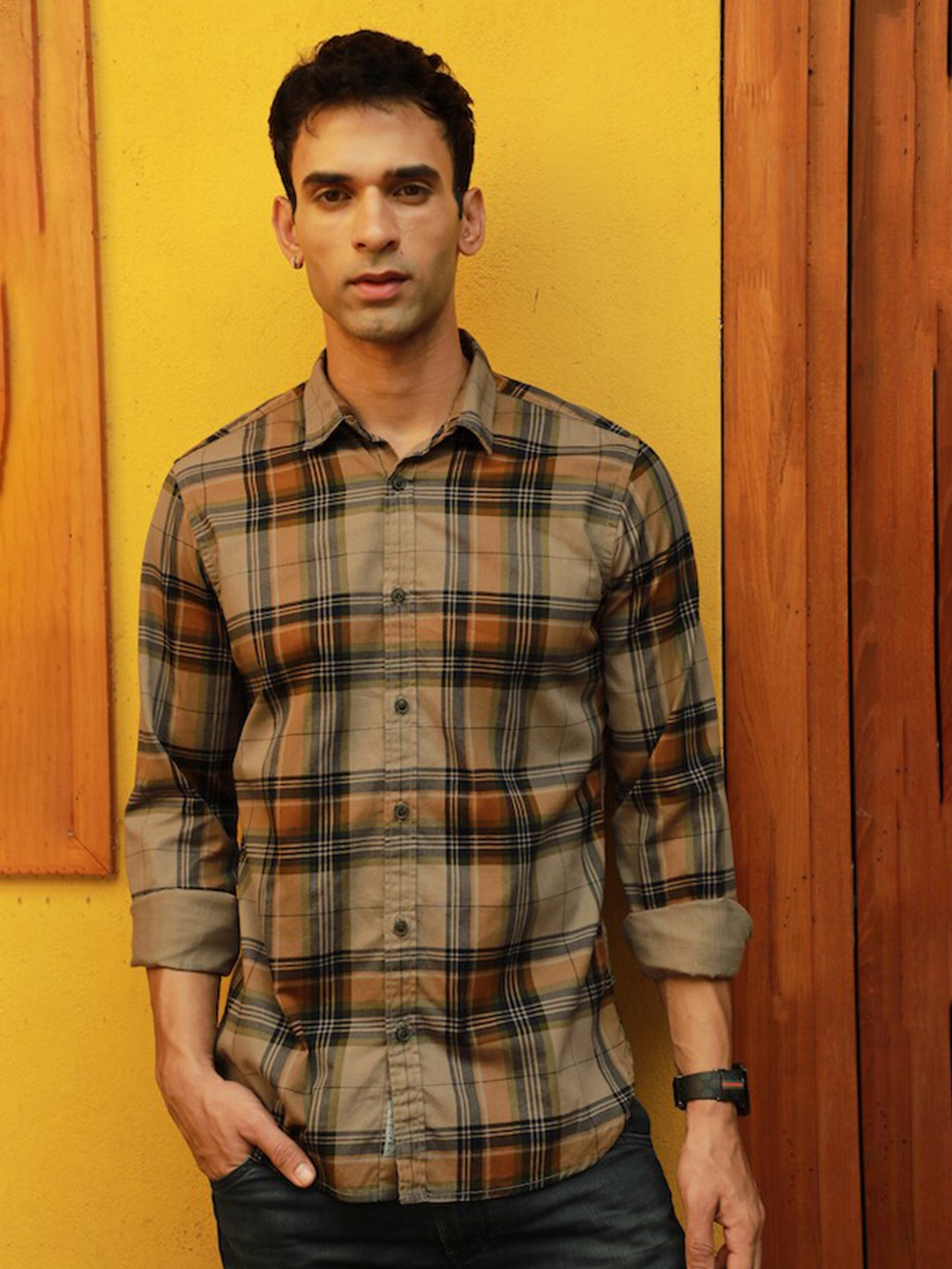 

POE Smart Slim Fit Tartan Checked Pure Cotton Casual Shirt, Khaki