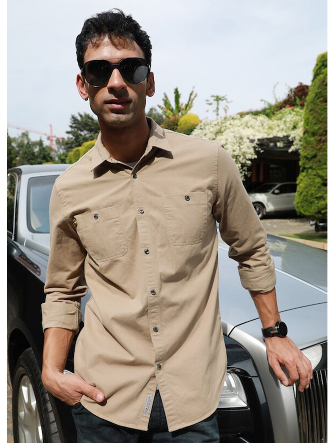 

POE Smart Slim Fit Printed Cotton Casual Shirt, Khaki