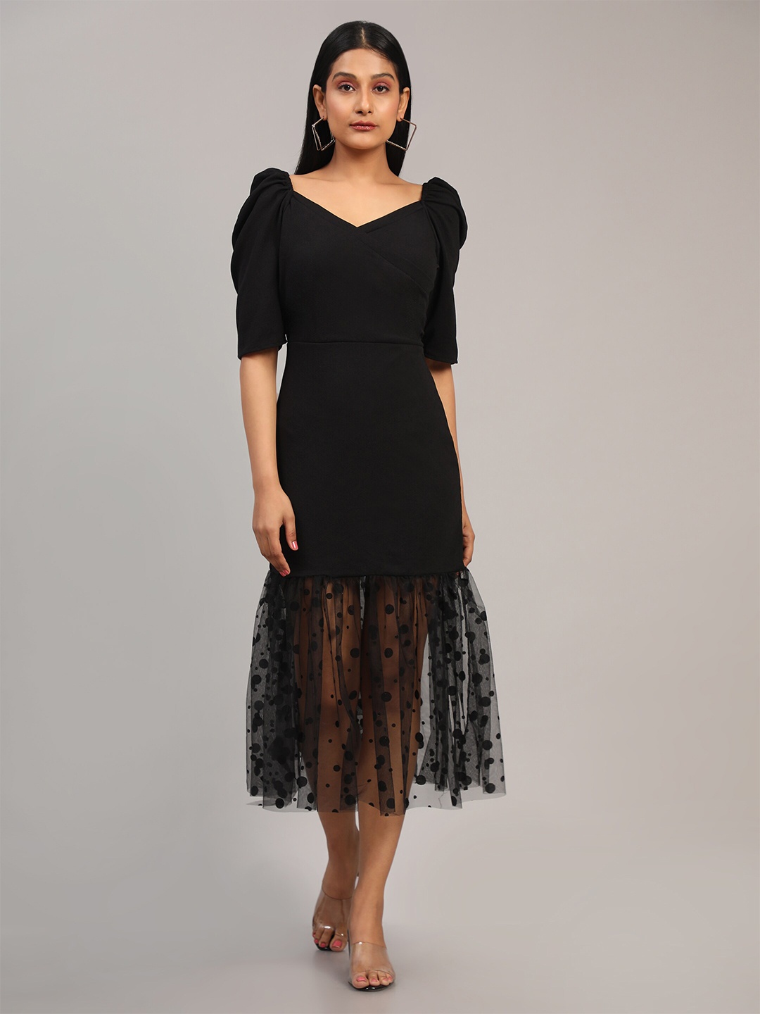

Vaidehi Fashion Sweetheart Neck Puffed Sleeves Sheath Midi Dress, Black