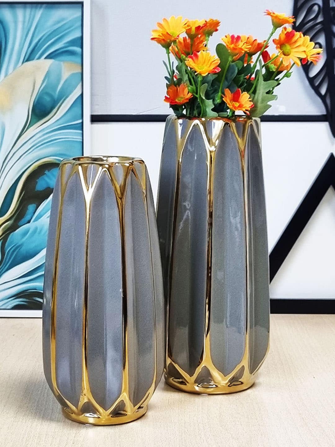 

Art Street Grey 2-Pieces Geometrical Ceramic Flower Vases