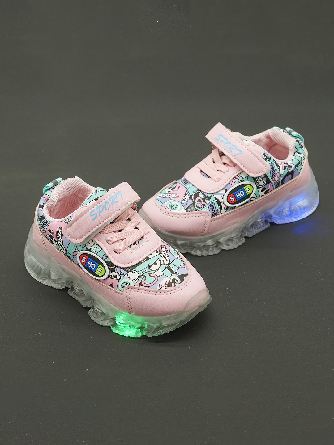 

FEETWELL SHOES Kids Printed LED Velcro Sneakers, Pink