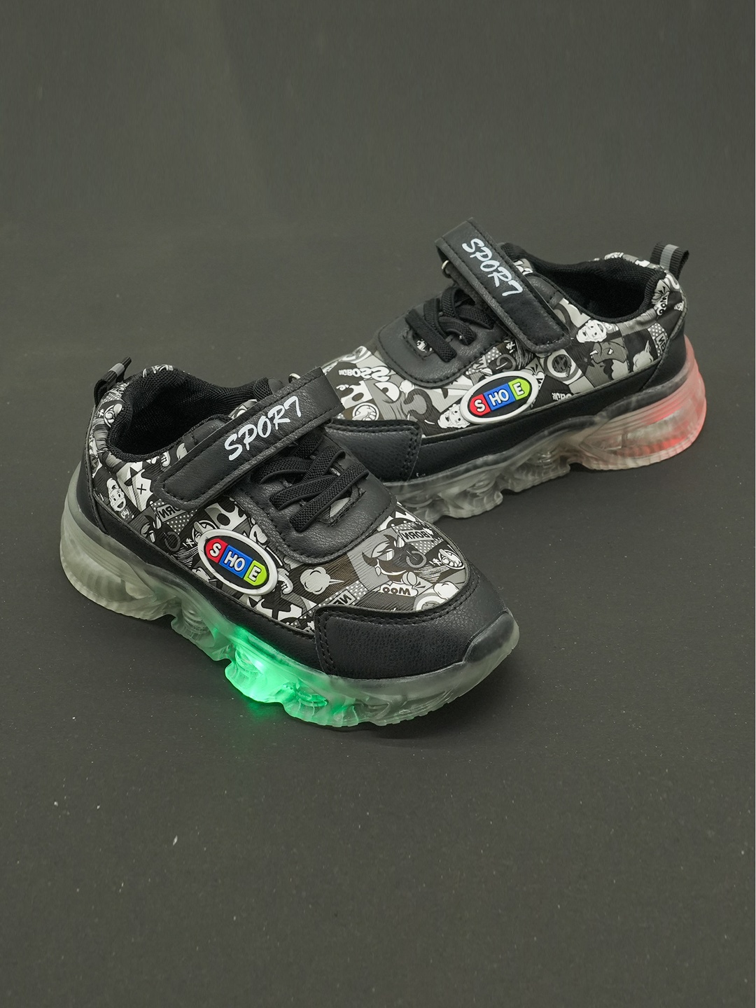 

FEETWELL SHOES Kids Printed LED Velcro Sneakers, Black