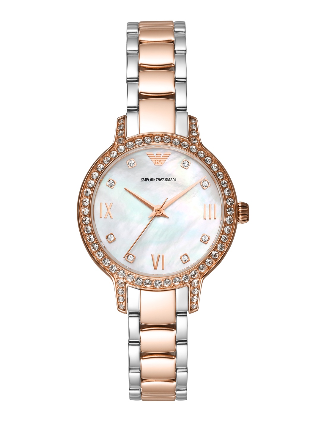 

Emporio Armani Embellished Mother of Pearl Dial & Two Tone Straps Analogue Watch AR11499, Multi