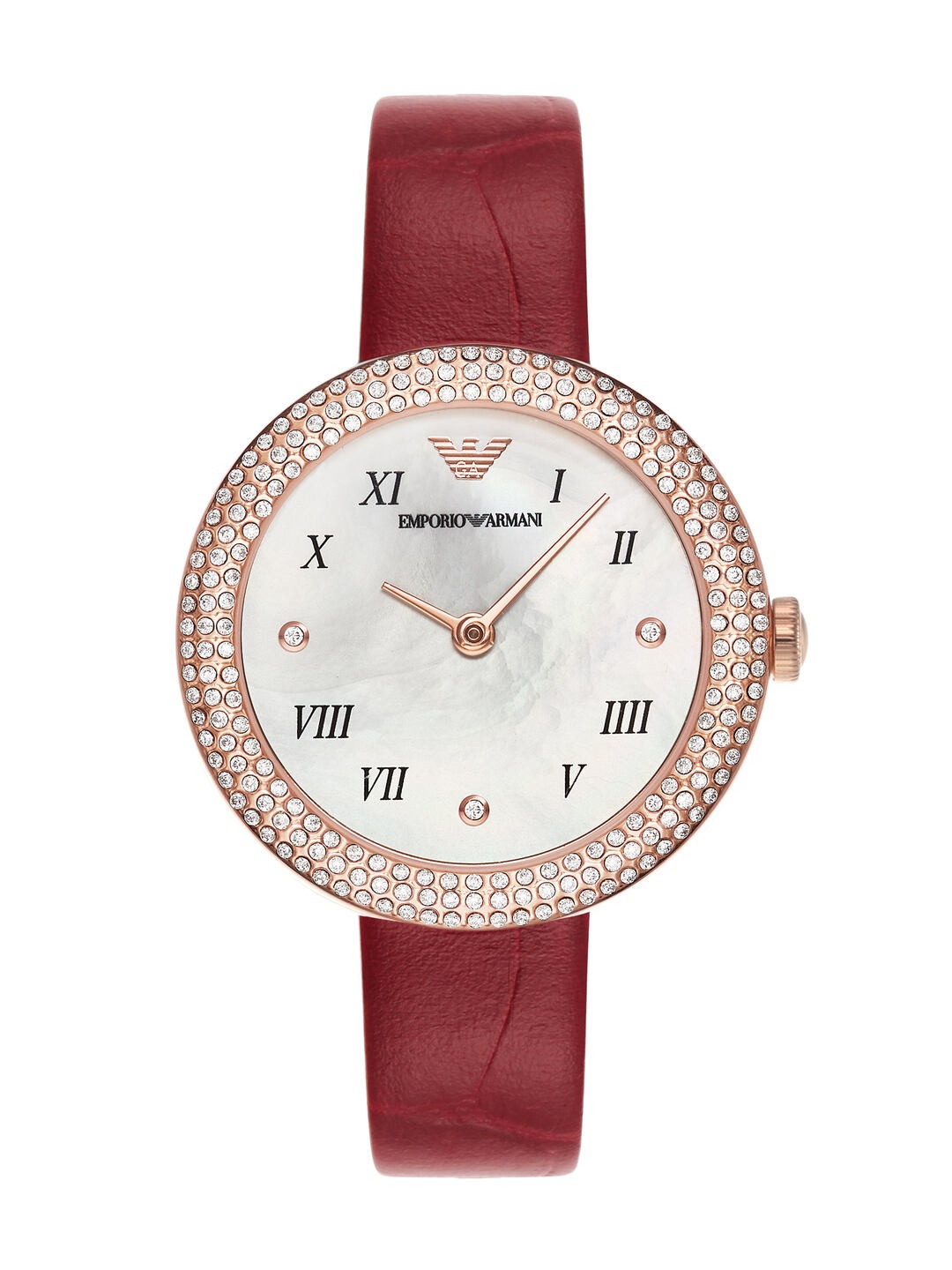 

Emporio Armani Women Embellished Leather Analogue Watch AR11357-Burgundy, White